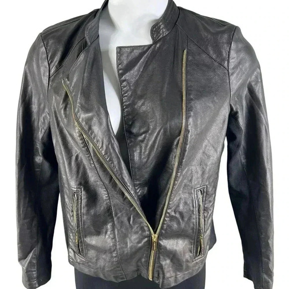 Calvin Klein Size 8 Vegan Black leather jacket gold hardware Asymmetrical Lined - Picture 5 of 16